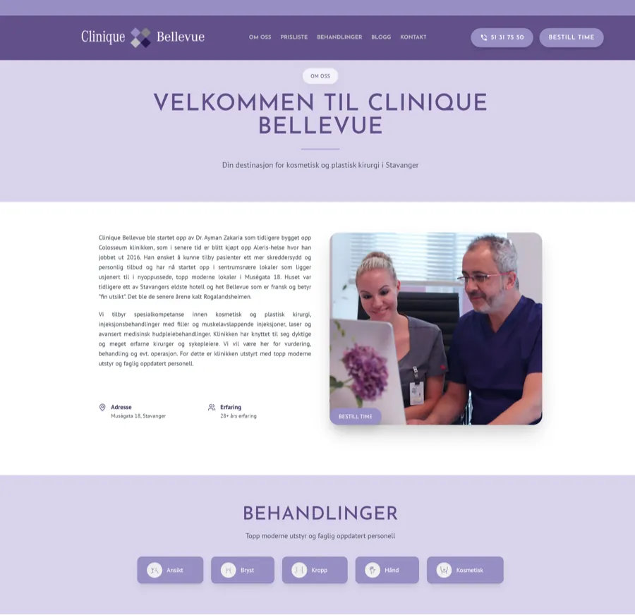 Clinique Bellevue behandlingsside — oversikt over kirurgiske og estetiske behandlinger