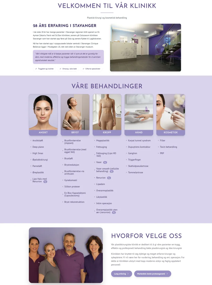 Clinique Bellevue mobilvisning — timebestilling og kontaktinformasjon