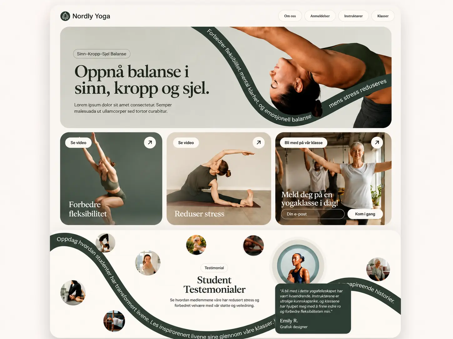 Nordly Yoga , designkonsept for yogastudio med rolig og organisk uttrykk