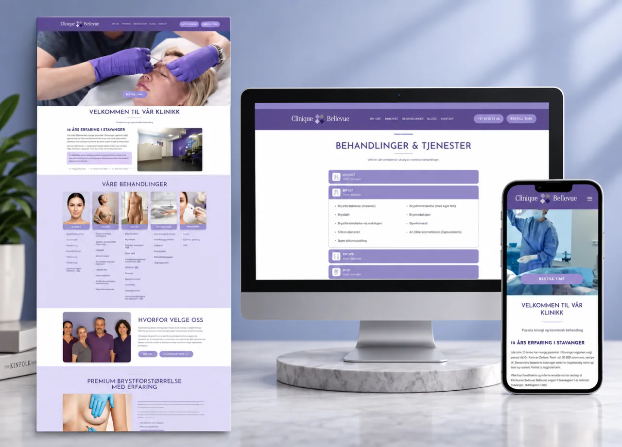 Nettsiden til Clinique Bellevue vist på desktop og mobil, med behandlingsoversikt og timebestilling