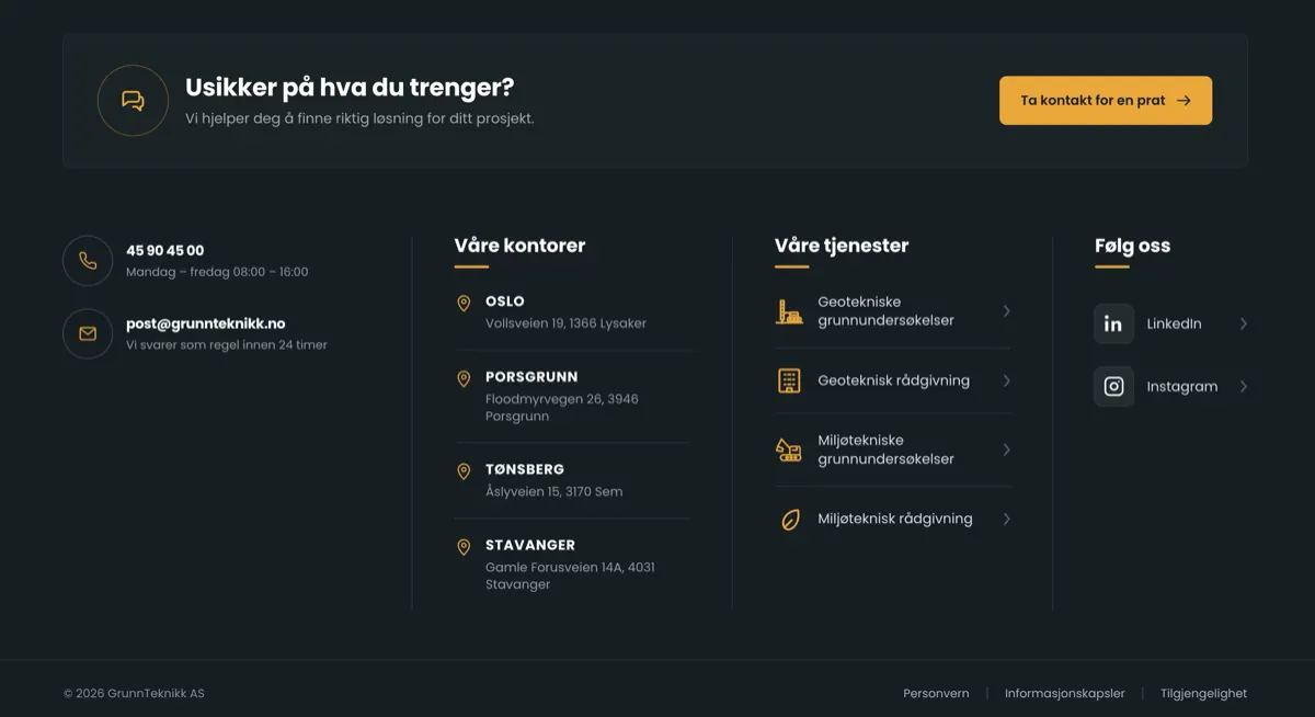 Bunnfeltet på grunnteknikk.no med kontaktinformasjon og adresser til kontorene i Oslo, Porsgrunn, Tønsberg og Stavanger