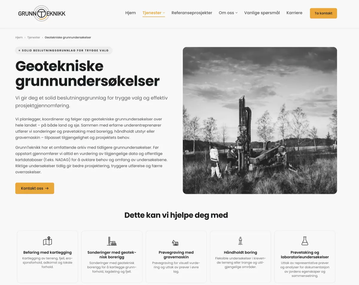 Fagside for geotekniske grunnundersøkelser med brødsmuler, feltbilde av borerigg og oversikt over undersøkelsesmetoder